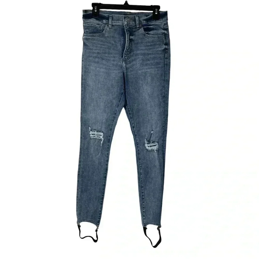 Express High Rise Distressed Skinny Med Blue‎ Wash Jeans Women Size 10 Long